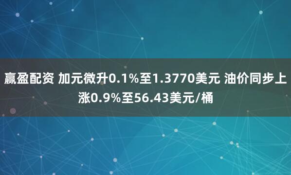 赢盈配资 加元微升0.1%至1.3770美元 油价同步上涨0.9%至56.43美元/桶